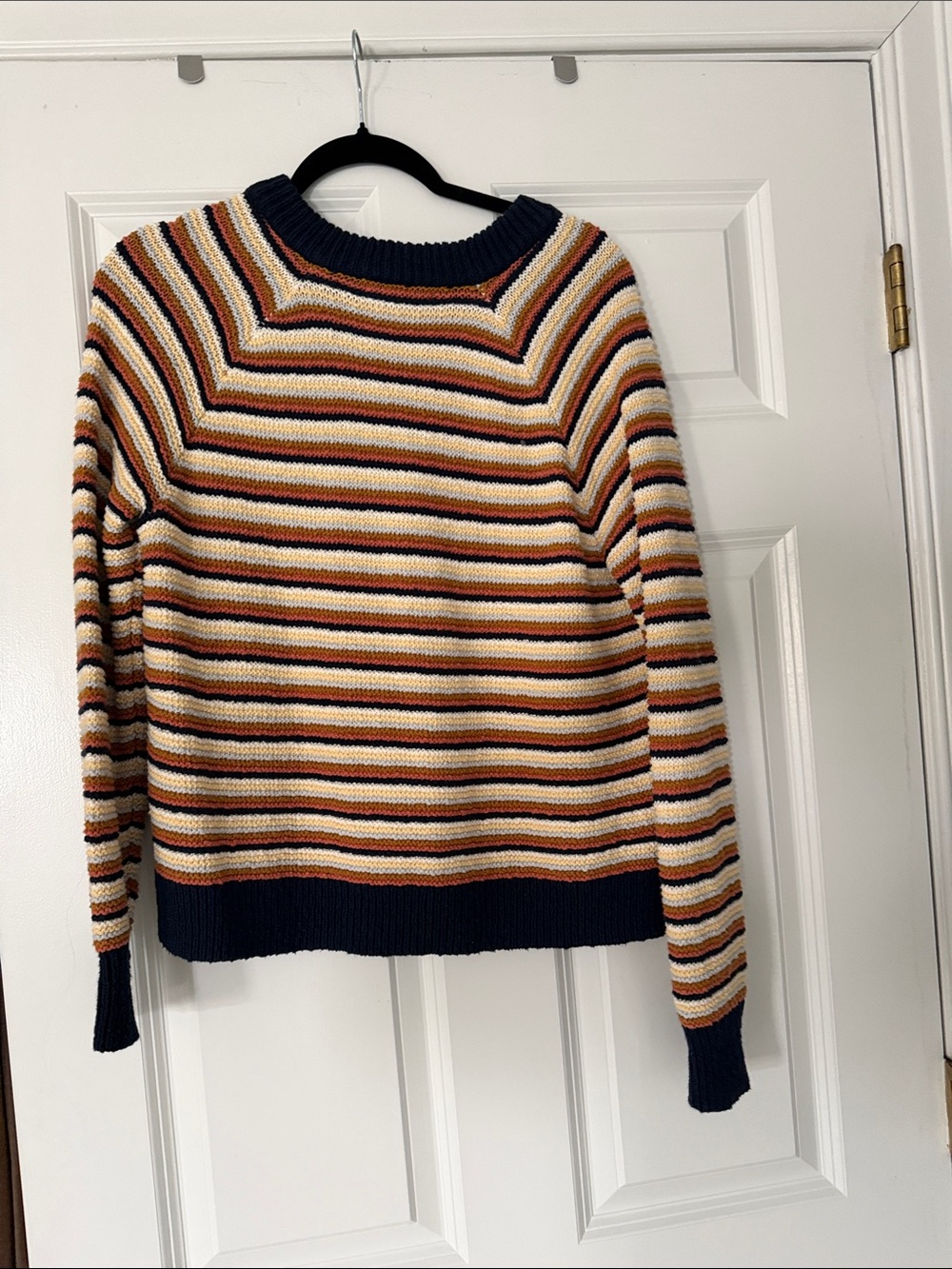 Madewell Striped V-Neck Sweater in Navy, Cream, Rust, Mustard - Picture 3 of 3